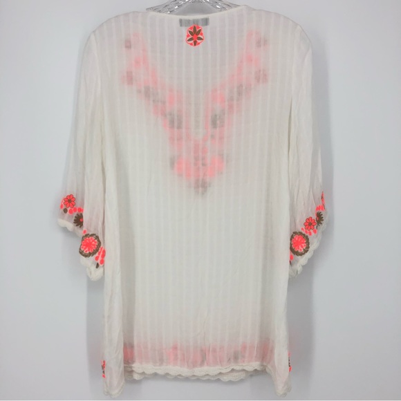 Umgee White Orange & Tan Embroidered Peasant Bohemian 3/4 Sleeve Blouse Size L - Picture 5 of 5